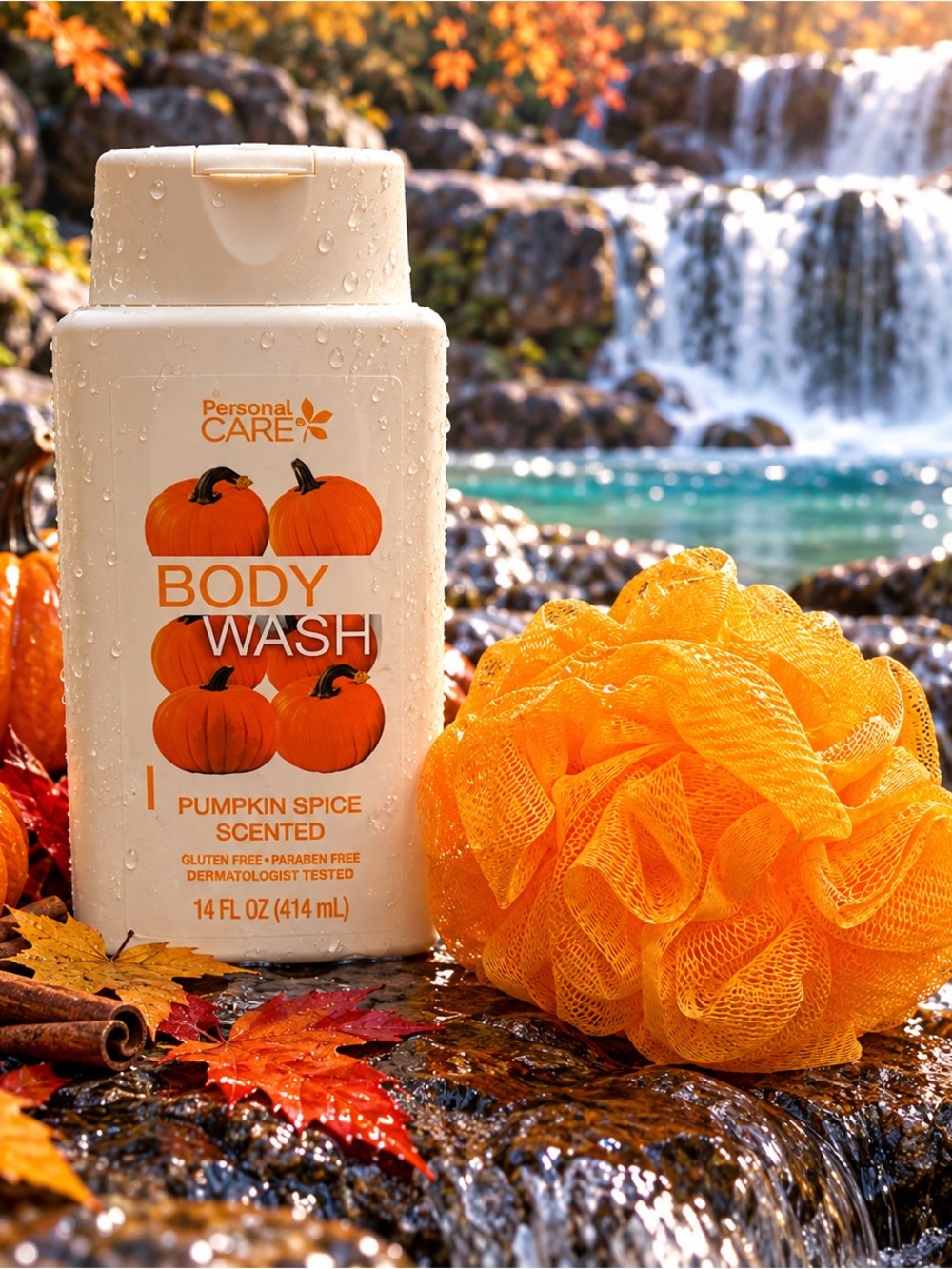 Personal Pumpkin Spice Body Wash Bottle with Orange Bath Loofah